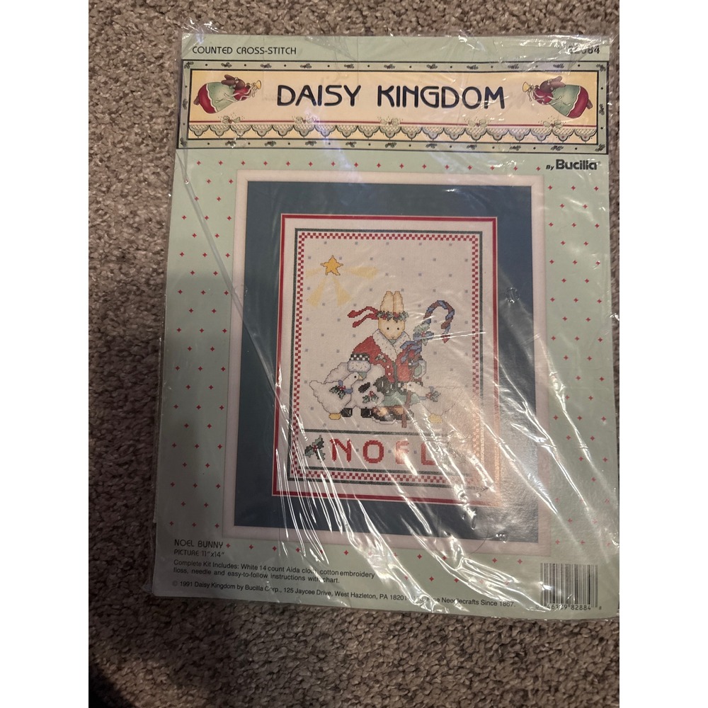 Vintage 1991 Daisy Kingdom Bucilla Noel Bunny Counted Cross Stitch Kit 11x14